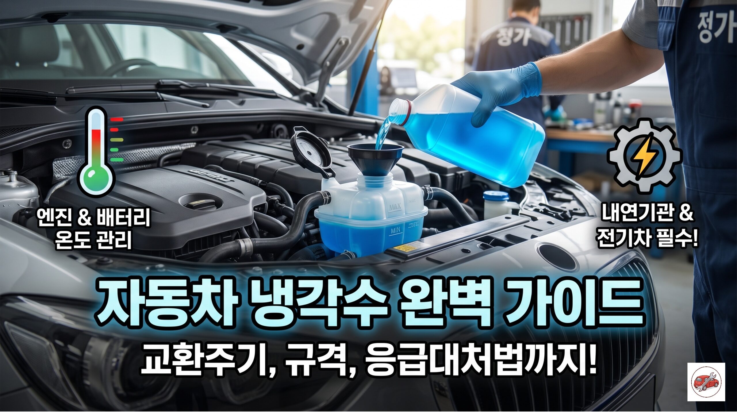 자동차 보닛을 열고 파란색 냉각수를 주입하는 정비사의 손과 계기판 경고등 아이콘이 포함된 자동차 냉각수 완벽 가이드 대표 이미지